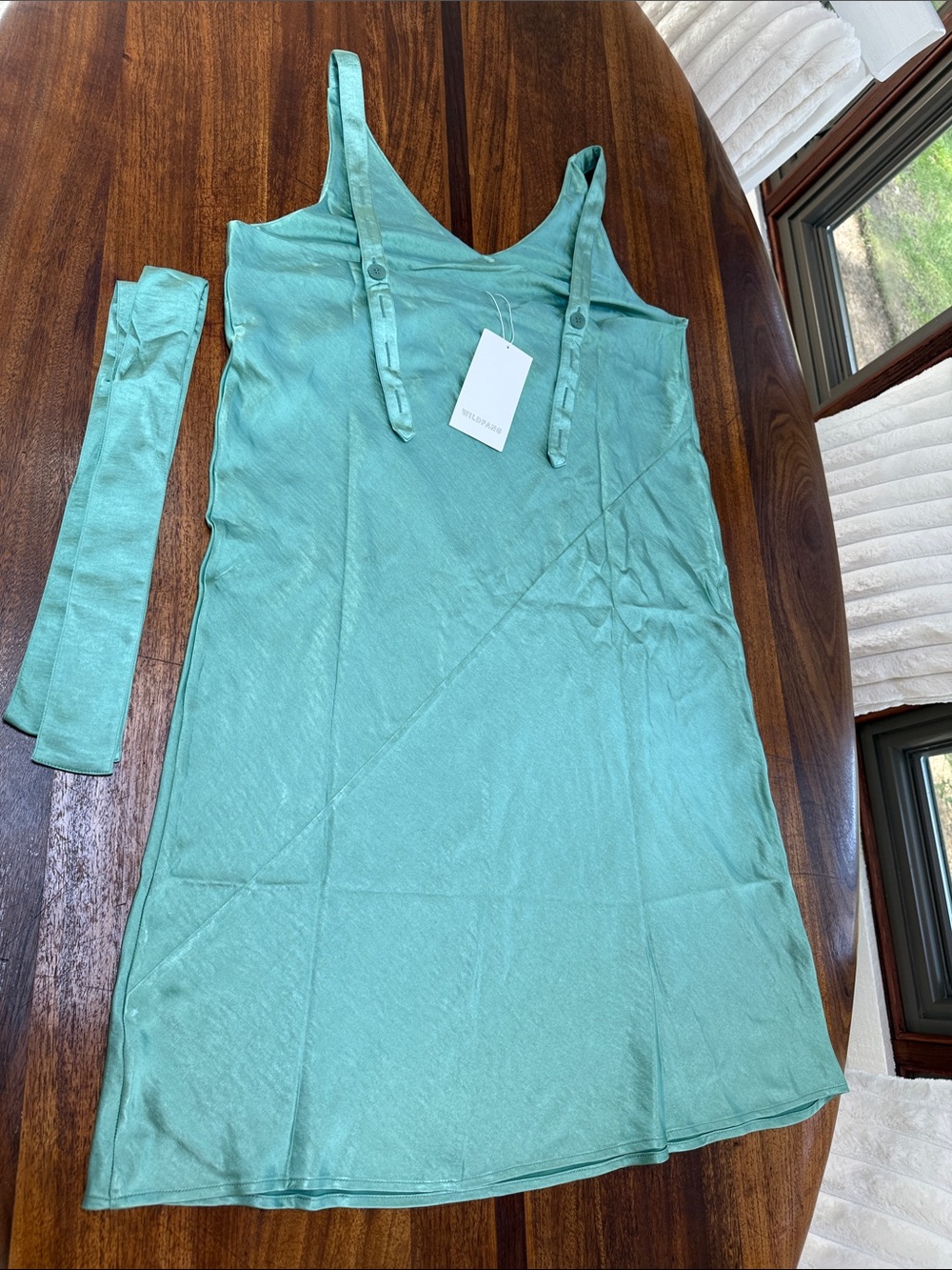 Wildfang Teal-Green Satin Dress with Neck “scarf” or belt